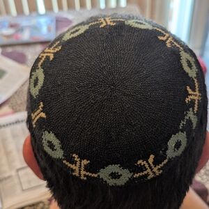 Black, White, & Baby Blue Geometric Kippah. Hand Crafted. Jewish. Made In Israel